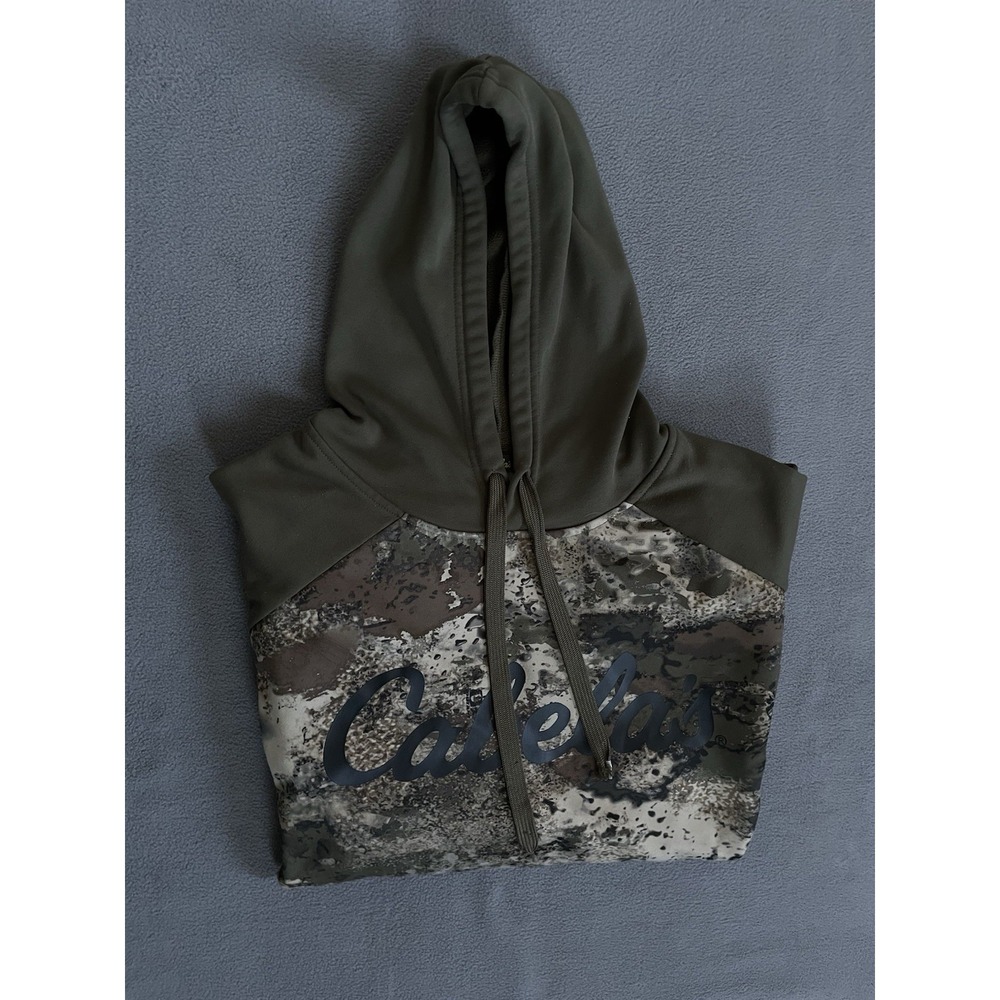 Cabelas Hoodie Mens Large Fleece Octane Camo O2 Spellout Logo Drawstring Hunting
